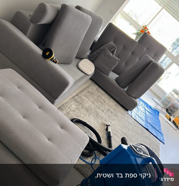 מכונת ניקוי ספות כחולה עם צינור על שטיח